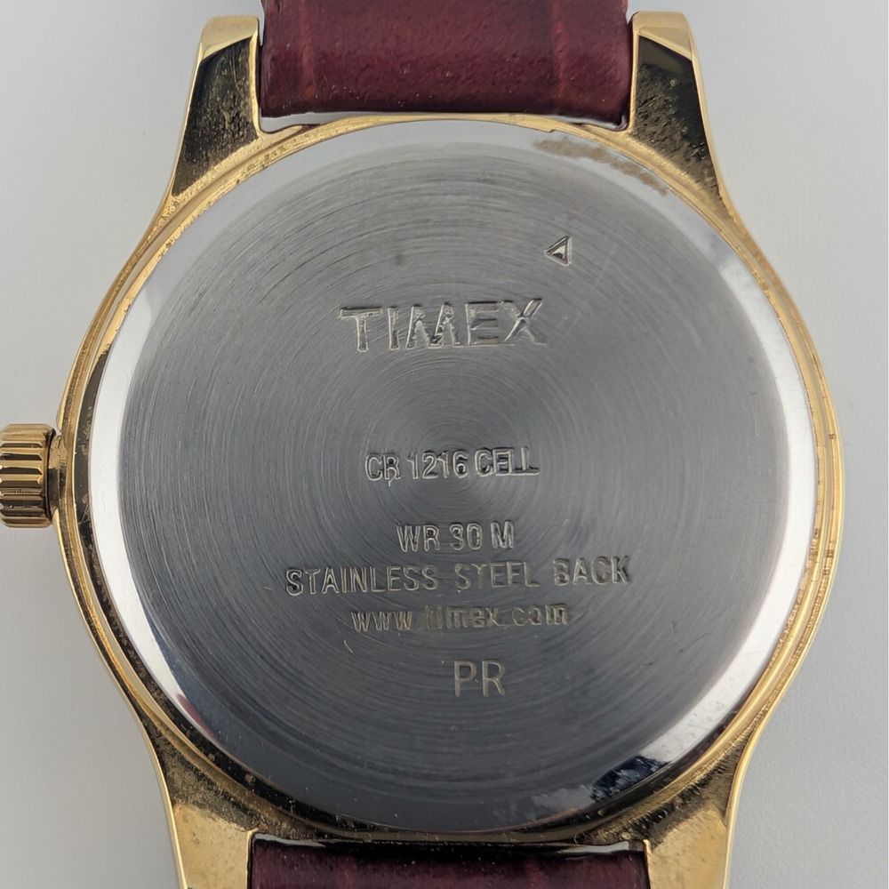 Timex Indiglo Mother of Pearl Dial Gold Tone Burgandy Leather Strap Watch 25mm - Picture 5 of 10